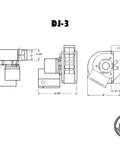 Technical diagram of DJ-3 Inline Draft Inducer Fan For Vertical Vent Systems That Works With All Fuels, with measurements and specifications.