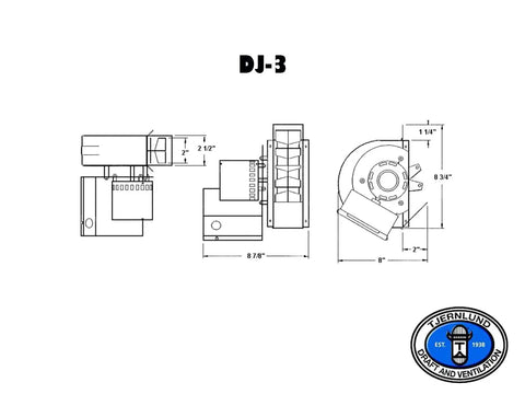 Technical diagram of DJ-3 Inline Draft Inducer Fan For Vertical Vent Systems That Works With All Fuels, with measurements and specifications.