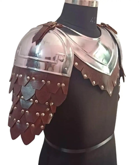 Rugged Mild Steel Shoulder Armor With Neck Gorget For Adults, Medieval Iron Pauldrons Set With Adjustable Leather Buckle Closure