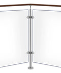 Pro Grade 316 Stainless Steel Glass Railing Corner Post Brushed Silver Metal Base Mount at a corner junction.
