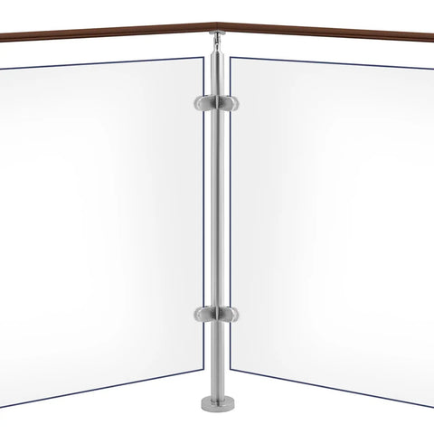 Pro Grade 316 Stainless Steel Glass Railing Corner Post Brushed Silver Metal Base Mount at a corner junction.