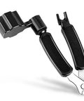 Guitar 3-in-1 maintenance tool in angled view with string winder, cutter and pin puller; black textured grips.