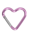 Pink heart shaped carabiner clip made from aluminum alloy, shown with lightweight spring snap hook; ideal for keychains and gear setup.