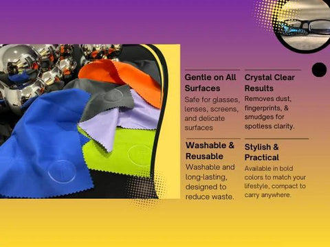 TOVO PRIME microfiber lens cleaning cloths, 6-pack in assorted colors, 6x7 inches for glasses, cameras and screens.