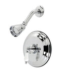 Restoration Style Single Handle Pressure Balanced Shower Faucet In Polished Chrome Wall Mount Design Solid Brass Construction Washerless Cartridge Standard Half Inch NPT Timeless Antique Look For Classic Bathrooms, showing chrome showerhead and handle controls