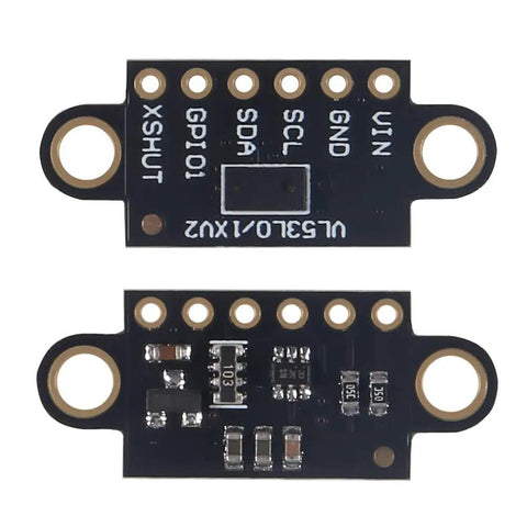 VL53L0X Time Of Flight Distance Sensor Breakout Pack Of 4 For DIY Projects Arduino Raspberry Pi And Microcontrollers 2m ToF Laser Range Finder Module Great For Robotics Projects Easy Plug And Play With Common Boards. black VL53L0X breakout board with labeled pins, top and bottom views