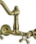 Vintage 6-Inch Center Wall Mount Kitchen Faucet In Antique Brass With Adjustable Spread, 2-Hole Wall Install, 12-Inch Spout Reach, Solid Brass Construction, 1.8 GPM Flow, ASME Title 20 Compliant