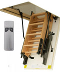 Premium Electric Attic Lift Stairs With No Sweat Remote Control Built Rugged Beech Wood Frame For Homes 7 Feet 10 Inches To 9 Feet 6 Inches Tall showing remote and partially opened stairs.