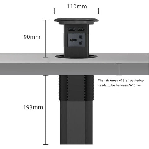 Hella Convenient Smart Pop Up Desk Power Strip With Built In Wireless Charging, showing dimensions of lifting outlet in black.
