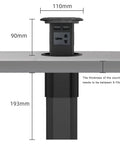 Slick Smart Pop Up Desk Power Strip With Built In Wireless Charging And Auto Lift Design, showing dimensions and installation details.