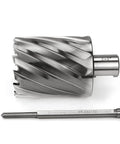 Oscarbide 2x2 annular cutter with Weldon shank, side view; two-piece set, silver metal with spiral flutes
