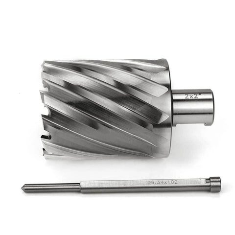 Oscarbide 2x2 annular cutter with Weldon shank, side view; two-piece set, silver metal with spiral flutes