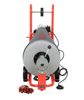 Professional Heavy Duty Automatic Drain Cleaner That Handles Rough Plumbing Like A Champ Features Reliable Auto Feed And Five Eighths Inch Pigtail Cable Made In Usa, front view with a corrosion-resistant drum.