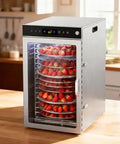 Straight Up Heavy Duty 16 Tray Commercial Stainless Steel Food Dehydrator With A Sleek Digital Interface And Adjustable Temps For Rapid Even Drying On Sweet Fruits Lean Meats And Herbs with strawberries.