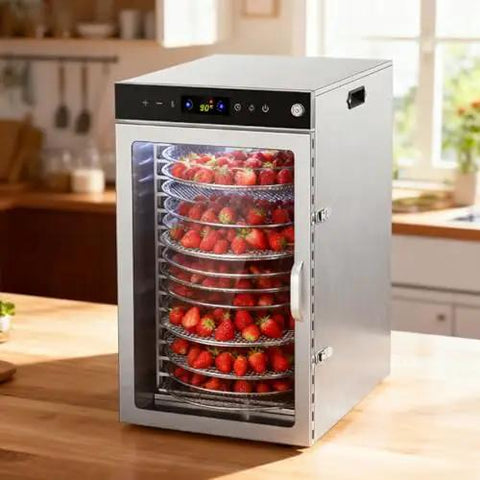Straight Up Heavy Duty 16 Tray Commercial Stainless Steel Food Dehydrator With A Sleek Digital Interface And Adjustable Temps For Rapid Even Drying On Sweet Fruits Lean Meats And Herbs with strawberries.