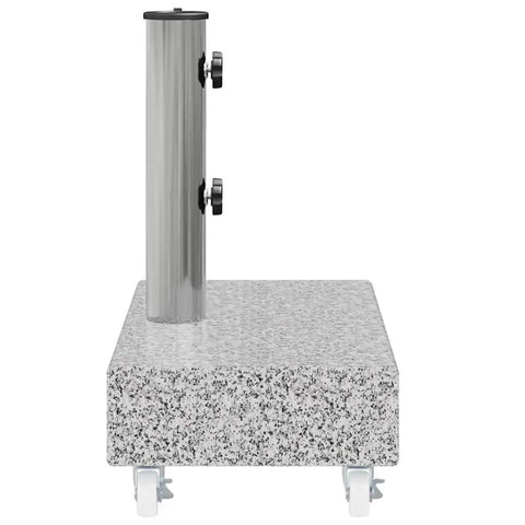 Built Tough Heavy Duty Patio Umbrella Base With Wheels And Adapters Granite Parasol Base, side view showing pole holder and wheels.