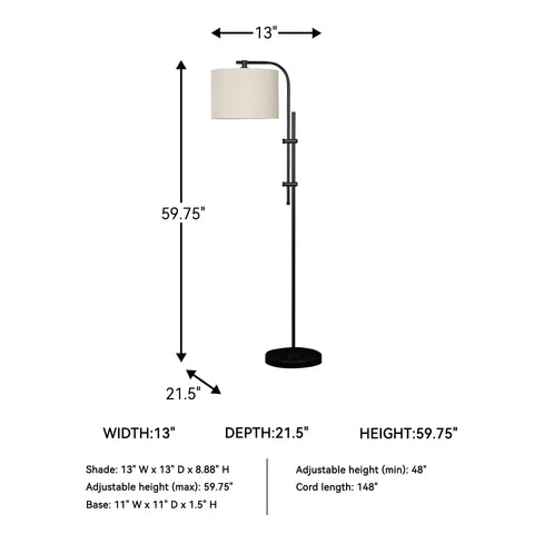 Dimensions of the Baronvale 60 Inch Modern Metal Adjustable Floor Lamp In Brass With Crisp White Drum Shade And A Smooth Curved Arm