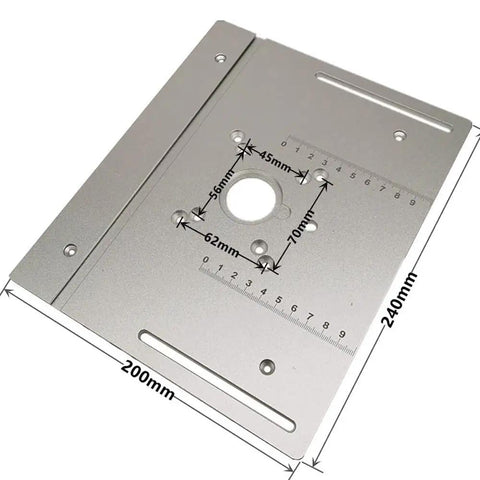 Heavy Duty Aluminum Router Table Insert Plates 3 Pack For Low Sweat Wood Milling And Crisp Trimming Operations With Knockout Durability And Bang On Target Miter Gauge Fit, 240x200mm, detailed measurements shown.