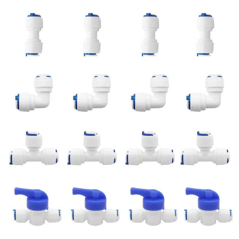 Push To Connect Quick Connect Fitting No Tools Needed For Three Eighths Inch Tube OD Water Filtration RO System Leak Proof Connection Ball Valve Tee Elbow Inline Connector Pack Of Sixteen