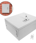 Power Distribution Box Electrical Enclosure With Safety Lock, plastic vertical control cabinet, shown on brick wall and standalone, 25x30x14 cm