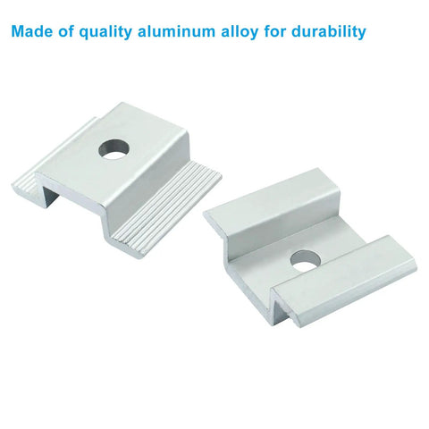 Close-up view of Heavy Duty Aluminum Solar Panel Mid Clamps, 12 Pack, adjustable brackets in silver aluminum for rooftop PV systems.
