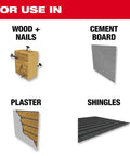Outdoor construction materials collage showing wood with nails, cement board, plaster, and shingles.