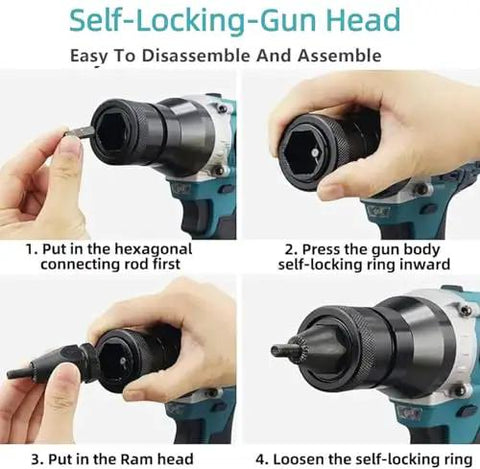 Step-by-step assembly instructions for Self-Locking Gun Head on Badass 2 In 1 Cordless Rivet Nut Gun with Beast Mode.