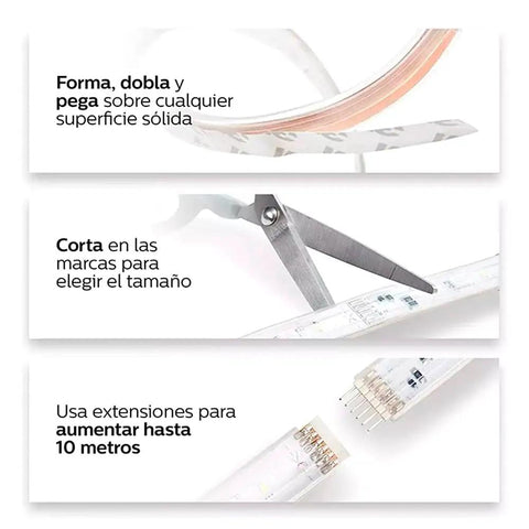 Scissors cutting Hue LightStrip Plus Dimmable LED Smart Light Extension for Ambient Mood Lighting, adhesive side visible