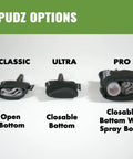 SPUDZ camera lens cleaners with three bottoms: Classic Open Bottom, Ultra Closable Bottom, Pro with spray bottle.