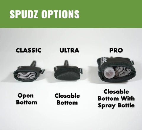 SPUDZ camera lens cleaners with three bottoms: Classic Open Bottom, Ultra Closable Bottom, Pro with spray bottle.