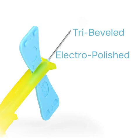 23G X 3/4 Inch Stainless Steel Dispensing Probes With 12 Inch Tube And Luer Adapter, close-up showing tri-beveled electro-polished tip.