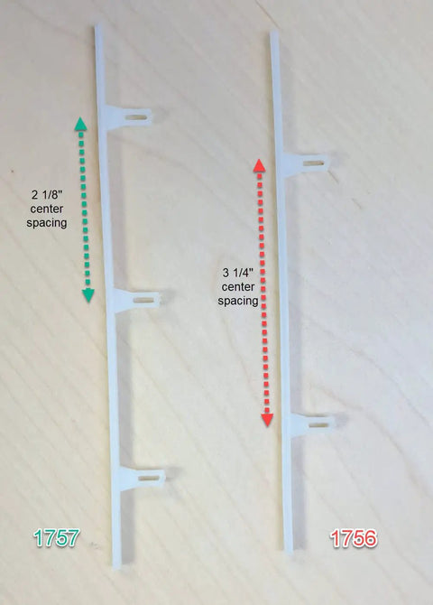 Heavy Duty Shutter Repair Slider Connector Polysatin Vinyl Blinds Smooth Gliding Vane Clip Hardware showing 2 sizes and spacing.