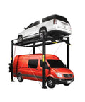 Weekend Warrior 4 Post Car Stack Lift displaying a white SUV on top and a red van underneath, showcasing twin deck design.