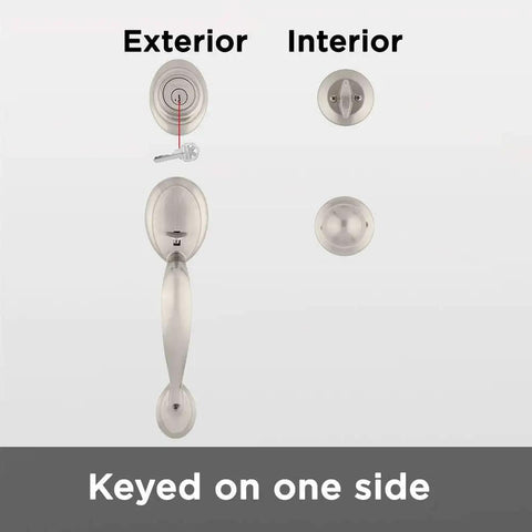 Dakota Front Door Lock Handle And Deadbolt Set For Exterior Entry, Satin Nickel Finish With Interior Knob, keyed on one side