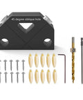 Top Tier 45 Degree Dowel Jig Wood Joinery Tool Aluminum Drill Guide with screws, dowels, and drill bits for furniture assembly.