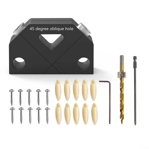 Top Tier 45 Degree Dowel Jig Wood Joinery Tool Aluminum Drill Guide with screws, dowels, and drill bits for furniture assembly.