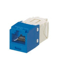 Blue Panduit CJ688TGBU Cat-6 RJ45 jack module, TG-style, 8-position, angled front view