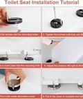 Toilet seat installation tutorial steps showing how to install a Solid Build Soft Close Elongated White Toilet Seat With Quick Release Hinges.