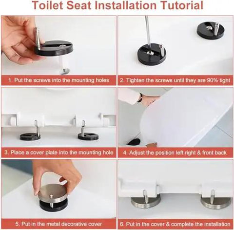 Toilet seat installation tutorial steps showing how to install a Solid Build Soft Close Elongated White Toilet Seat With Quick Release Hinges.