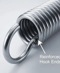 Stainless steel extension spring with reinforced hook ends; close-up view of coil