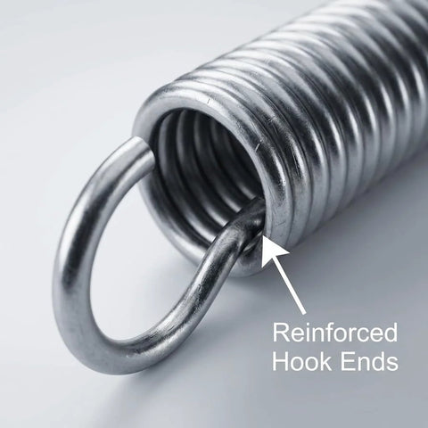 Stainless steel extension spring with reinforced hook ends; close-up view of coil
