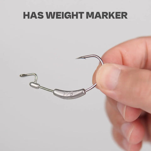 Weighted Swimbait Hooks With Molded Bait Keeper Weedless EWG 1/8 Oz jig head shown close-up with weight marker visible.