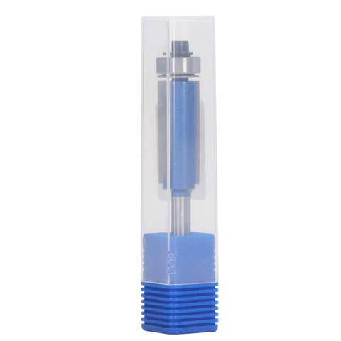 Heavy Duty Top Bearing Flush Trim Router Bits For Woodworking Projects With Sharp Carbide Cutting Edge Nanometer Blue Coating 1/4 Inch Shank in clear packaging.