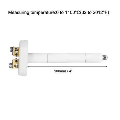 K-type ceramic kiln thermocouple sensor with white ceramic shaft, 100mm (4") long and brass terminal block