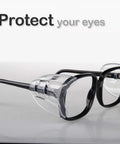 6 Pairs Slip On Eye Glasses Side Shields For Safety Glasses Flexible Clear Universal TPU Protection Fits Small To Large Eyewear Medium And Large Sizes, shown attached to glasses.