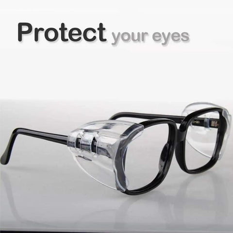 6 Pairs Slip On Eye Glasses Side Shields For Safety Glasses Flexible Clear Universal TPU Protection Fits Small To Large Eyewear Medium And Large Sizes, shown attached to glasses.