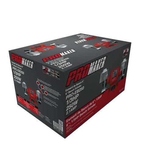 Box packaging of 6-Inch Bench Grinder With Dual Eye Shields, 3400 RPM, 2.1A, 1/3 HP, for fast grinding and metal prep.