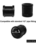 Malleable Iron Pipe Coupling 1/2 Inch Black For Industrial DIY Shelving And Furniture, shown with interior and side view.