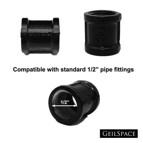 Malleable Iron Pipe Coupling 1/2 Inch Black For Industrial DIY Shelving And Furniture, shown with interior and side view.