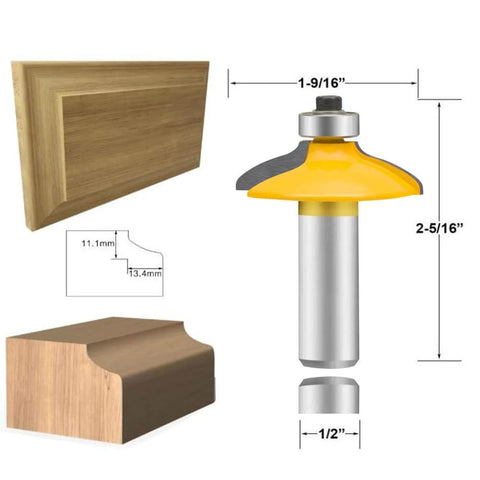 Door And Drawer Front Edging Router Bit Set With One Half Inch Shank Four Piece Pro Grade Woodworking Milling Cutter Tools Carbide Cutter For Cnc Router Includes Thumbnail Bit Two Ogee Bits One Large One Small And Roundover With Ogee Bit, close-up view showing measurements and profile cuts.